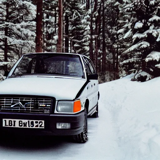 Prompt: vhs footage of a 1 9 9 5 volvo car in a snowy forest