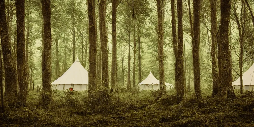 Prompt: circus tent in lush old forest, creepy ambiance, hazy, high focus, high detail
