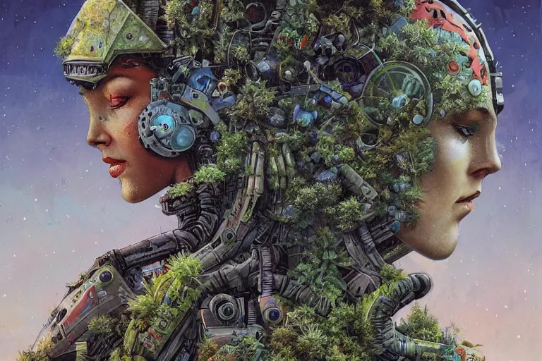 Image similar to gigantic robot - girl head floating in the space, a lot of exotic plants, trees, flowers, oldschool vintage sci - fi flat surreal grainy design, super - detailed, painting by enki bilal, hd, 4 k, high quality