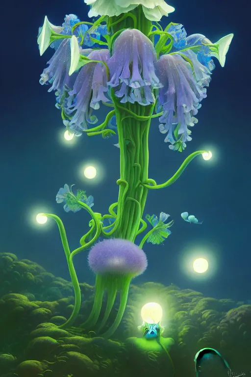 Image similar to a surreal Bioluminescent, very very very cute Campanula in a happy world by Daniel Merriam, Trending on Artstation, oil on Canvas by Elena Zhurikhina and Goro Fujita and Charlie Bowater, octane render, 4k, 8k, HD