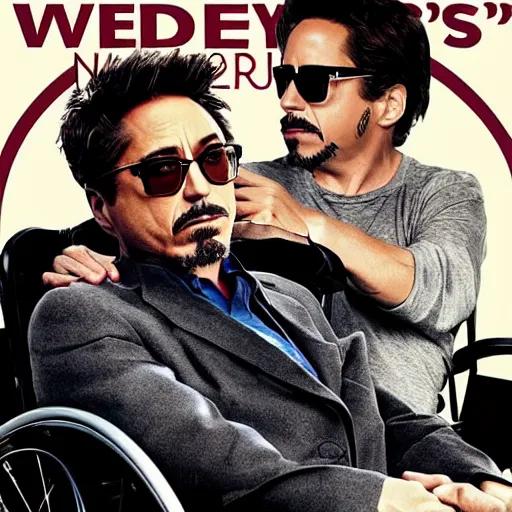 Prompt: movie poster for weekend at bernie's 3, robert downey jr in a wheelchair with dark sunglasses, grey facial flesh, cinematic lighting, zombie rigor mortis inanimate corpse in a wheelchair, robert downey starring in weekend at bernie's, bernie goes to vegas,