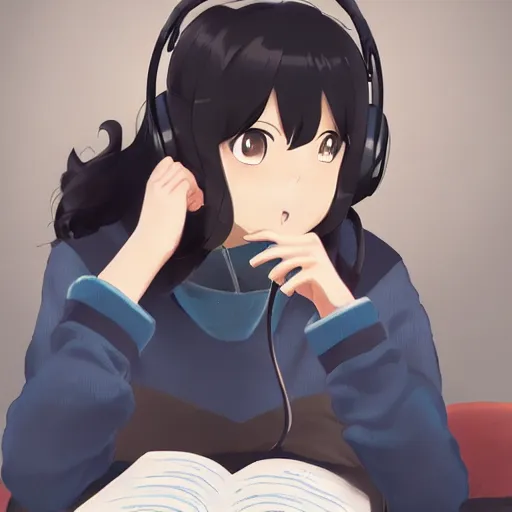 Prompt: Anime portrait painting of a black haired girl wearing headphones while studying in her warm cozy home, by makoto shinkai, relaxed, calm, atmospheric, peacefull, trending on artstation, kimi no na wa