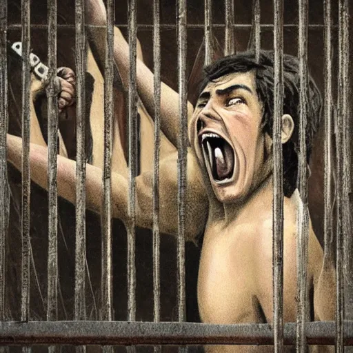 Prompt: a screaming prisoner holding prison bars, realism