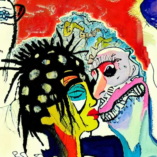 Prompt: watercolor painting of two bizarre psychedelic monster women kissing in japan in winter, speculative evolution, mixed media collage by basquiat and jackson pollock, maximalist magazine collage art, sapphic art, psychedelic illustration