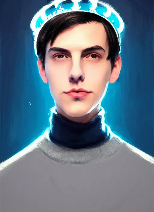 Image similar to portrait of teenage jughead jones wearing a light grey crown, crown, blue turtleneck, closed eyes, eyes closed, slight smile, black hair, intricate, elegant, glowing lights, highly detailed, digital painting, artstation, concept art, smooth, sharp focus, illustration, art by wlop, mars ravelo and greg rutkowski