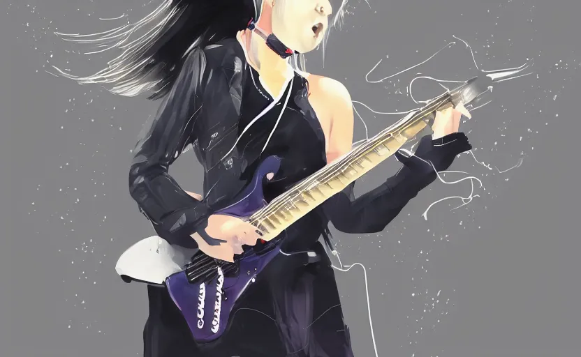 Prompt: rockstar girl playing electric guitar on stage. by amano yoshitaka, digital art, digital painting, artstation trending
