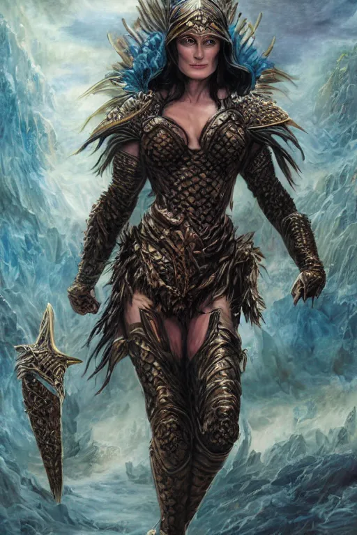 Image similar to A fantasy comic book style, composite portrait painting of Keira Knightley, Cory Chase as an Atlantean, Reptilian Warrior, Mystical Valkyrie, Armor, Sword, Spear, Sheild, François Boucher, Oil Painting, unreal 5, DAZ, hyper realistic, Photorealistic, octane render, Regal, Refined, Coherent, Detailed Digital Art, RPG portrait, William-Adolphe Bouguereau, Michael Cheval, Walt Disney (1937), Steampunk, Golden dappled dynamic lighting, Highly Detailed, Theophanic atmosphere, Cinematic Lighting, Unreal Engine, 8k, HD