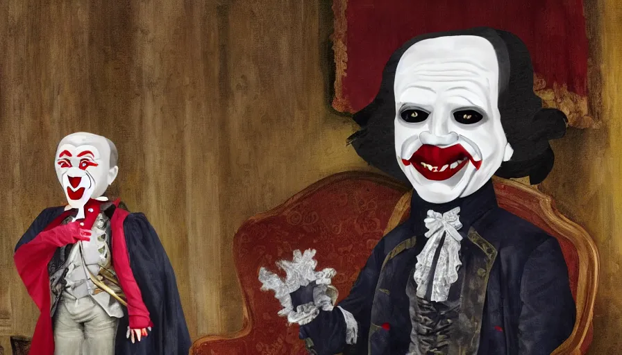 Image similar to a vampire sitting on a throne in his castle during the american revolution. he is surrounded by paintings and is wearing a bright clown emoji mask. character design by john and ai