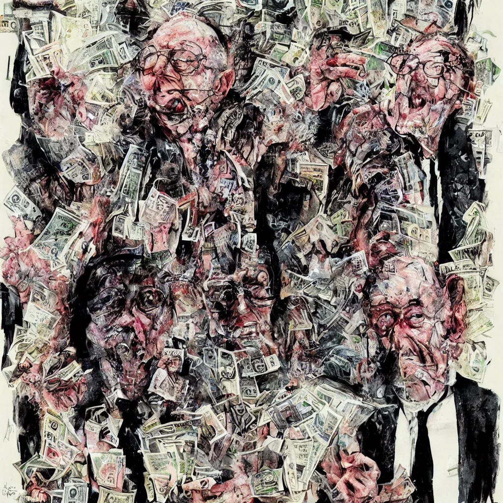 Image similar to George Soros full body shot, dollar bills Body horror, biopunk, by Ralph Steadman, Francis Bacon, Hunter S Thompson