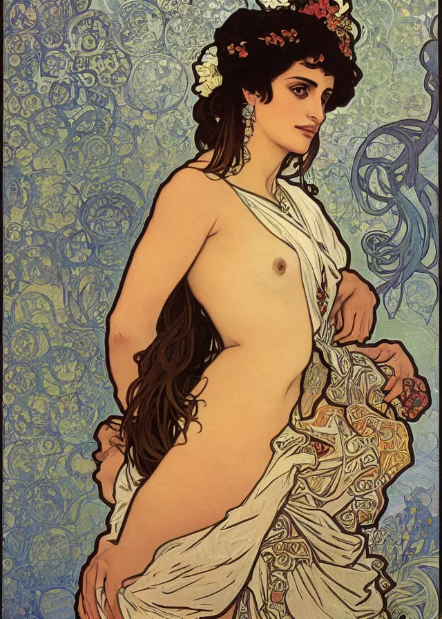 Image similar to portrait of penelope cruz, artwork by alphonse mucha