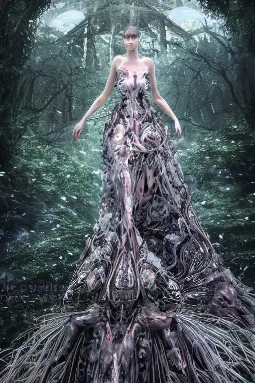 Image similar to a beautiful hyperrealistic ultradetailed 3D, one girl in a magnificent McQueen couture dress on the background of a futuristic forest, Designer clothes, futuristic clothes, clothes from the future, biopunk, voge photo, fashion style, fullbody, in full growth, photorealistic, high resolution, trending on artstation, highly detailed, volumetric lighting, elegant, details, good clear quality, volumetric lighting,