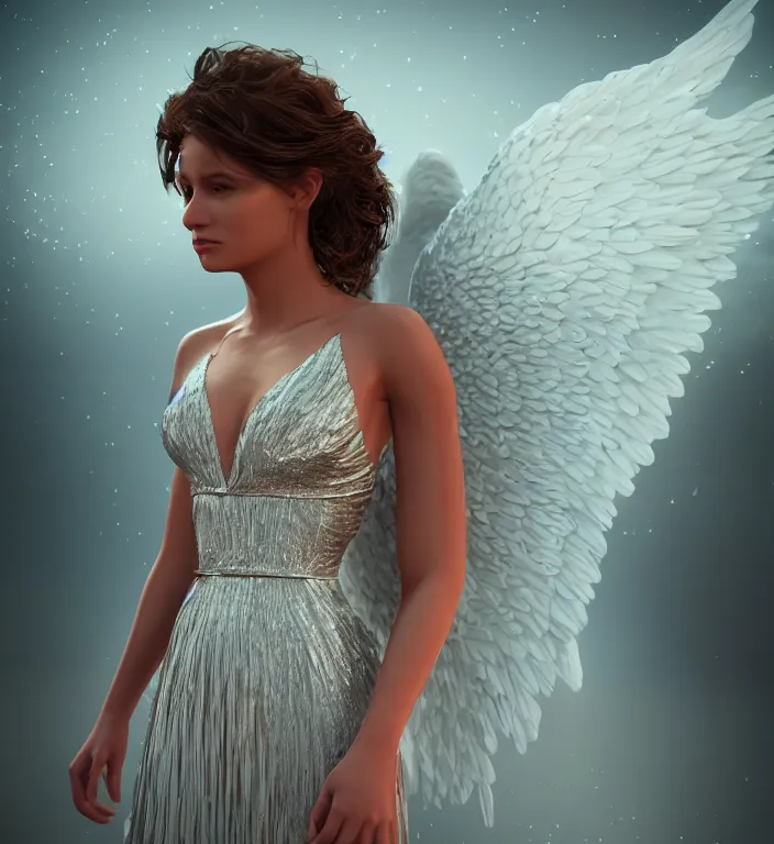 Image similar to centered waist up portrait of an angel wearing an incredible dress with jewelry, bokeh + DOF + 8k, photorealistic + rendered in octane + ultra realistic + backlit + strong rim light + HDRI, HD, by midjourney, trending on artstation