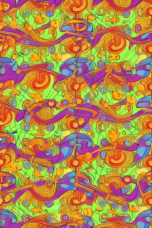 Prompt: seamless 2 d pattern of bizarre musical instruments, highly detailed, designed by tarsila do amaral and alphonse mucha, graphic design, 8 k, 4 k