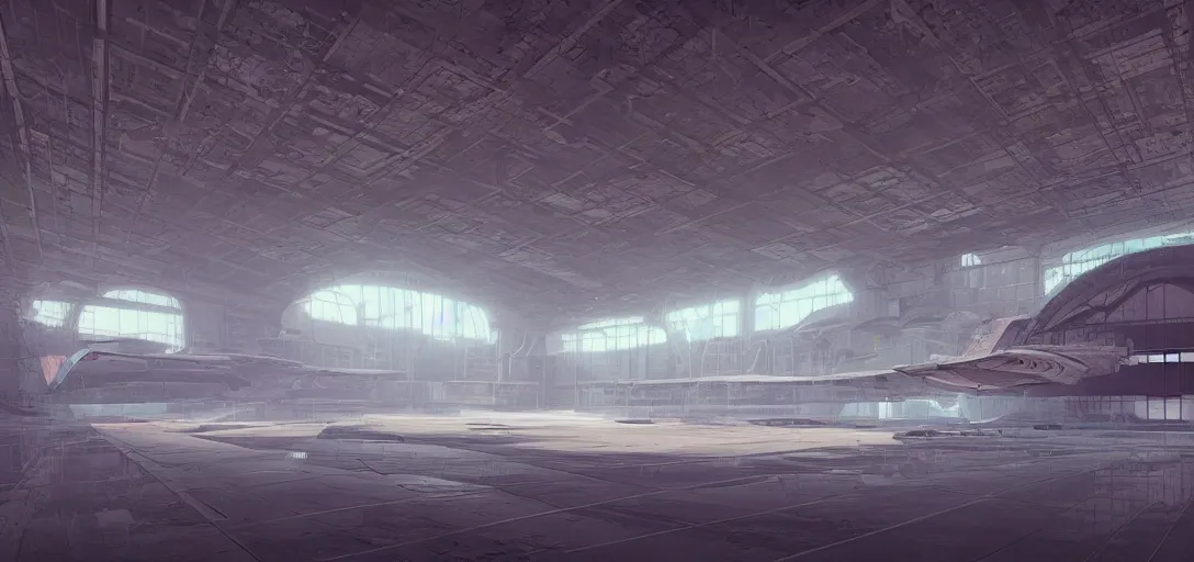 Prompt: interior of a futuristic abandoned hangar, sci - fi, digital art by beeple, simon stalenhag and paul chadeisson