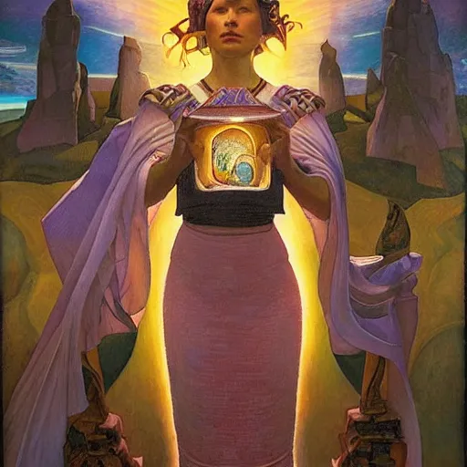 Image similar to queen of the dawn with her lantern and regalia, by donato giancola and nicholas roerich, and ( ( ( ( ( diego rivera ) ) ) ) ), symbolist, tattoos, dramatic lighting, elaborate geometric ornament, art brut, god rays, soft cool colors, smooth, sharp focus, extremely detailed