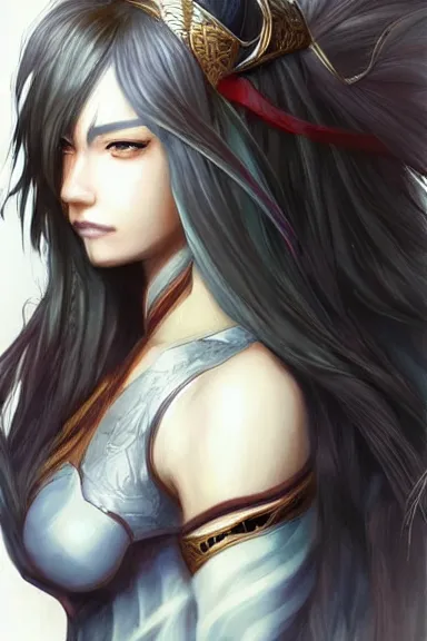 Image similar to a portrait of a fantasy anime warrior character with long hair, artgerm