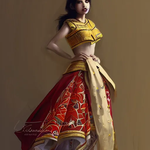 Prompt: fashion designing art by Cushart, Krenz of a beautiful girl wearing modern stylish costume in the style of Assamese bihu mekhela sador gamosa design, elegant glamourous cosplay, ornamental, intricate, sensual, medium shot, mid-shot, highly detailed, trending on Artstation, golden ratio, sharp focus