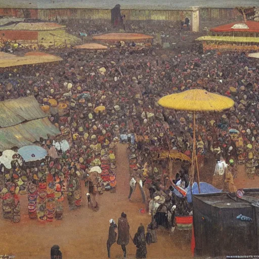 Prompt: dahomey officials with flat colorful umbrellas gather for the xwetanu in ahomey's huge main square, from above, 1905, highly detailed, oil on canvas, by ilya repin