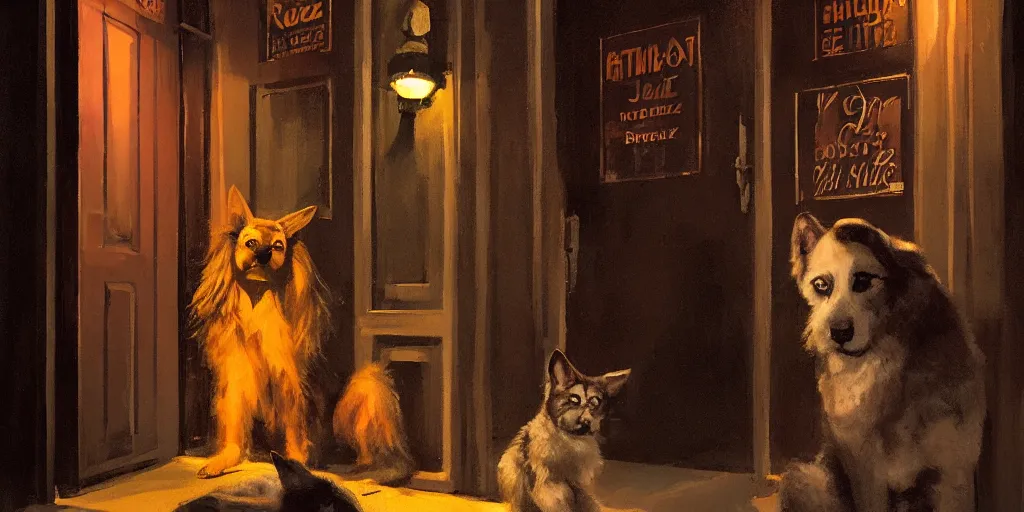 Image similar to a lady dog is waiting at the door of a jazz club, warm color palette, night time, dramatic lighting, german expresionism, noir film, character sheet, fine details, high contrast, blacksad, kim jung gi, greg rutkowski, trending on artstation, 8 k, front view, back view, ultra wide angle