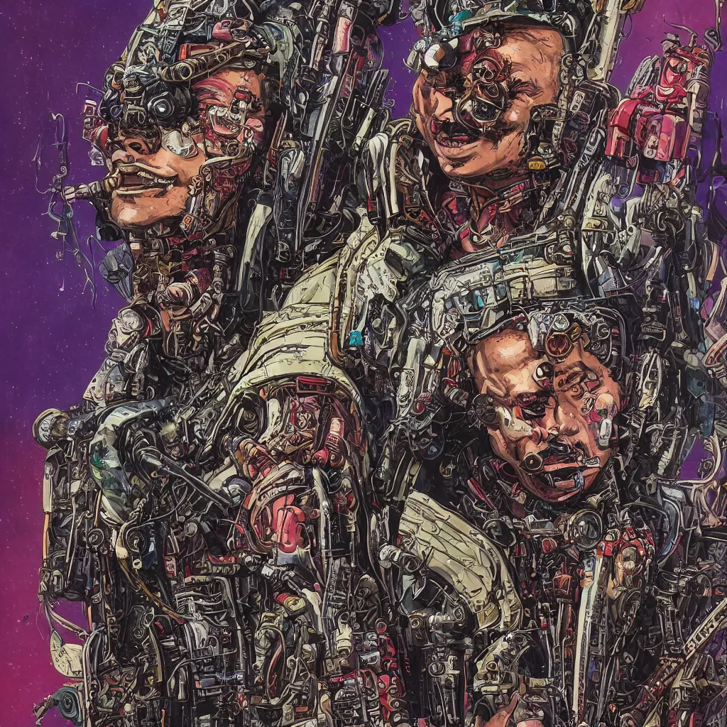 Image similar to A dramatic full-color cyberpunk art nouveau styled bust portrait of philthy animal taylor as a futuristic space punk rebel drum soldier, hyperdetailed artwork by Travis Charest, Chris Achilleos, Walt Simonson and Bill Sienkiewicz, wild power, crazy fun, rebelliousness, confident laughing eyes, tarnished and rusted metal, blade runner architecture, perfectly symmetrical facial features, 8k, deeply hyperdetailed, moody cinematic lighting, realistic mechanical details, 8k, UHD, HDR