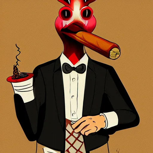 Image similar to a chicken wearing a suit smoking a cigar, dramatic lighting, cinematic, establishing shot, extremly high detail, photorealistic, cinematic lighting, artstation, style by James Gurney