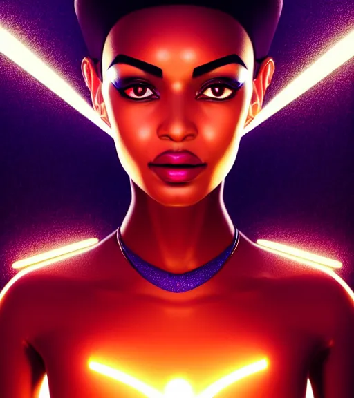 Image similar to symmetry!! egyptian queen of technology, solid cube of light, hard edges, product render retro - futuristic poster scifi, lasers and neon circuits, brown skin beautiful egyptian, queen, intricate, elegant, highly detailed, digital painting, artstation, concept art, smooth, sharp focus, illustration, dreamlike, art by artgerm