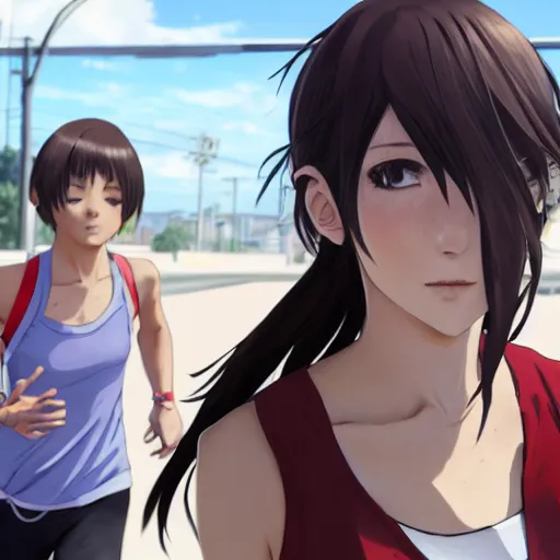 Image similar to anime style, gta 5, girl is running, red sport clothing, marathon race, brown short hair, hair down, symmetrical facial features, from arknights, hyper realistic, rule of thirds, extreme detail, detailed 4 k drawing, safebooru, realistic lighting, by alphonse mucha, greg rutkowski, noise filtered, sharp focus, backlit