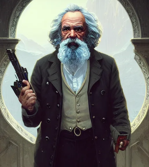 Image similar to highly detailed portrait karl marx in gta v, stephen bliss, unreal engine, fantasy art by greg rutkowski, loish, rhads, ferdinand knab, makoto shinkai and lois van baarle, ilya kuvshinov, rossdraws, tom bagshaw, global illumination, radiant light, detailed and intricate environment, guns, muscles, atlantic