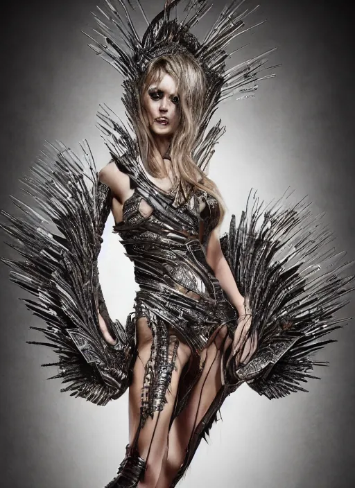 Image similar to expressive full body photo of young bridget bardot, dress made of steel blades, glamour shot, by karol bak, stefan gesell, photorealistic, nikon d 4 x, fashion photography, hyper maximalist, elegant, ornate, luxury, elite, environmental portrait, symmetrical features, octane render, unreal engine, solid dark grey background, dramatic lights