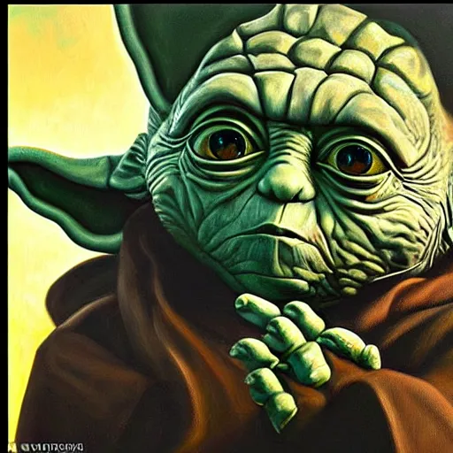 Prompt: a realistic oil painting of yoda as a cybernetic cyborg, surrealism portrait, surrealism album cover