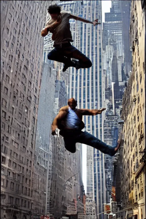 Image similar to !dream a man jumping from a building in New York, explosion