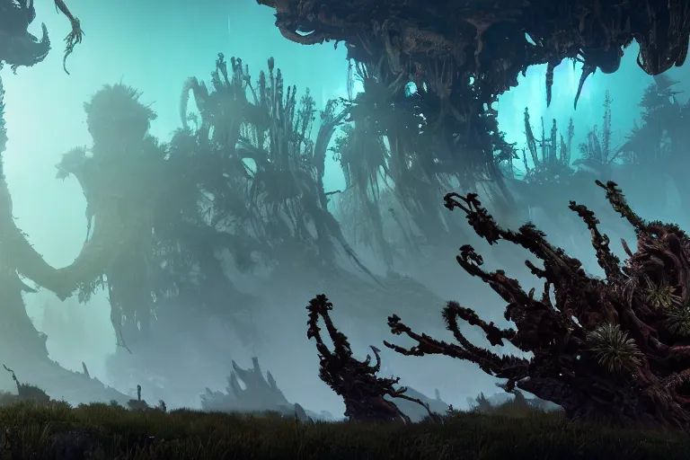 Image similar to wide epic shot from horizon forbidden west. a hyper detailed organic mechanic creatuve realistic similar look as horizon forbidden west horizon zero dawn, bioluminiscence in a dark deep forest at dawn in spring, with reflection and textures, by kilian eng, substance painter reaslitic mech surface metal painted scratches, world env from horizon forbidden west horizon zero dawn