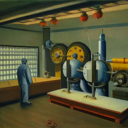 Image similar to engine room, turbines, plasma globes, robot repairmen, reactor core, grant wood, pj crook, edward hopper, oil on canvas