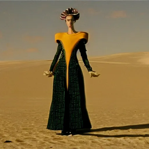 Prompt: fashion model in year 3000, model wearing a surreal Avant-garde uniform, shot from the movie Dune