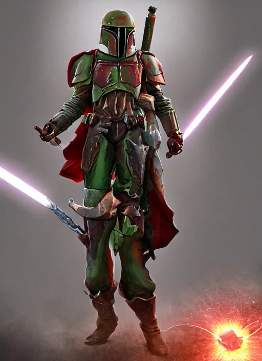 Image similar to arcane wizard x boba fett, fantasy inspired boba fett as a wizard, 3 d digital art, character mashup, epic volumetric lighting, combination art, photorealistic