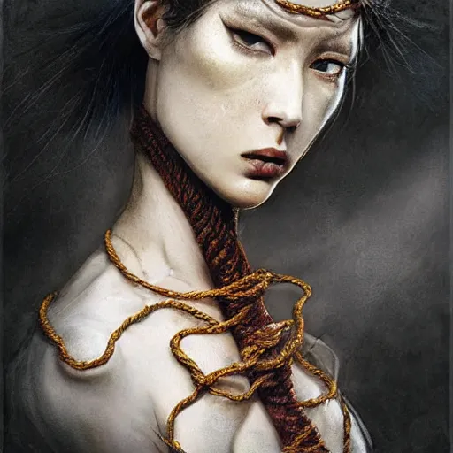 Image similar to portrait of a Shibari rope wrapped face and neck, headshot, insanely nice professional hair style, dramatic hair color, digital painting, of a old 13th century, traveler, amber jewels, baroque, ornate clothing, scifi, realistic, hyperdetailed, chiaroscuro, concept art, art by Franz Hals and Jon Foster and Ayami Kojima and Amano and Karol Bak,