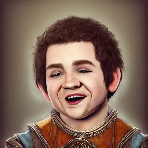 Image similar to hyper realistic portrait of a halfling male, happy, bard, singing, short hair, lute, intricate details, cinematic