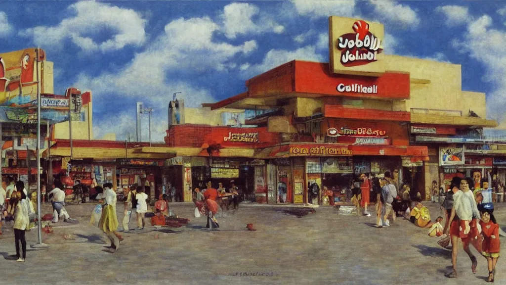 Prompt: Jollibee City, street scene, wide shot, by Moebius, Renoir