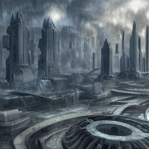 Prompt: fantasy rendering of art deco brutalist city atlantis rising, torrent, maelstrom, chiseled formations, atmospheric, ambient, frost, matte painting