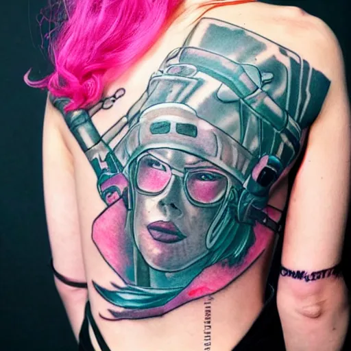 Prompt: attractive pink haired women cyberpunk alien tattoo flowing down arm