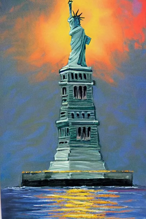 Image similar to bob ross painting of new york statue of liberty