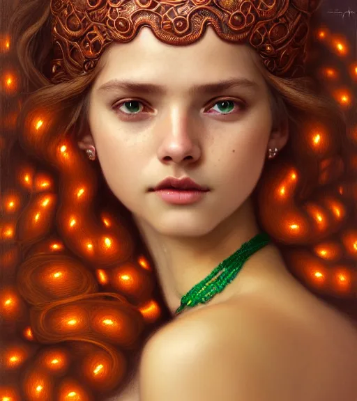 Image similar to portrait of teenage medusa, snake hair, naughty smile, wearing an embroidered orange tunic, intricate, sensual, sultry, elegant, copper and emerald jewelry, glowing lights, seductive, highly detailed, digital painting, artstation, concept art, smooth, sharp focus, illustration, art by wlop, mucha, artgerm, and greg rutkowski