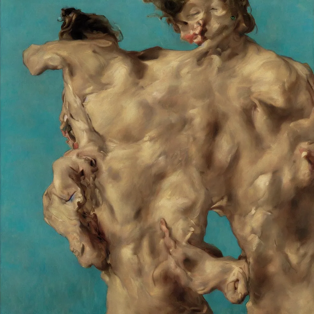 Image similar to high quality high detail painting by lucian freud, jenny savile, ilya repin and john singer sargent, mutation and elastic skin, turquoise, hd