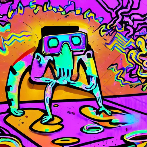 Prompt: tap out vr goggles, shrugging, shrugging arms, intricate complexity, inverted neon rainbow drip paint, trending on art station, digital illustration by jeff finley