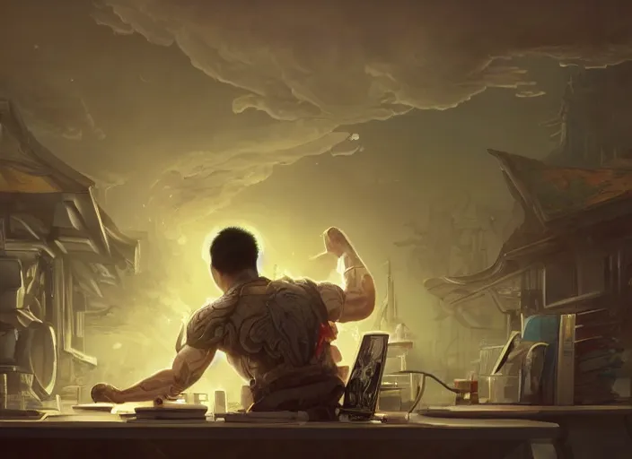 Image similar to an insanely detailed painting of an asian man wearing a homemade superhero costume, sitting at a desk, staring seriously at the computer and typing, in the style of peter mohrbacher, james jean, ruan jia, dramatic lighting and composition, surreal background, octane render, pixar, trending on artstation, concept art, comic book, view from behind, 8 k