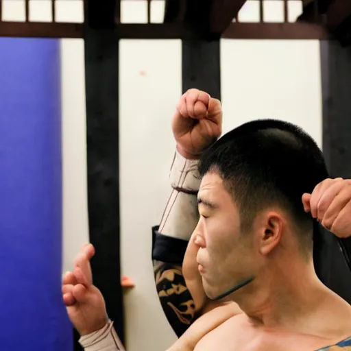 Prompt: a detailed still close - up of a man who is training in a japanese temple using unarmed combat, the man is wearing a sailor moon cosplay and looks like a mix between aang from avatar the last airbender and a rugged, middle - aged man with a beard and a blue arrow pointing down from his forehead, anime