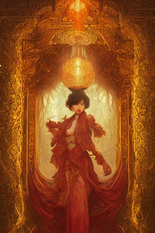 Image similar to tarot card artstation, portrait of an asian love dancer, sunrise, baroque ornamnet and rococo ornament, ancient chinese ornate, hyperdetailed, beautiful lighting, craig mullins, mucha, klimt, yoshitaka amano, red and gold and orange color palatte