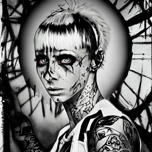 Image similar to die antwoord chappie, back and white, zef design graffiti in the background, dark lighting, digital art