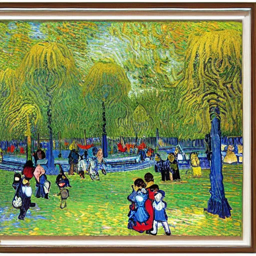 Image similar to highly detailed beautiful happy park, with childrens, by Van Gogh