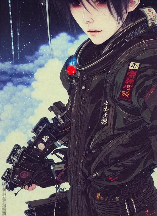 Image similar to a beautiful ukiyo painting of cyberpunk battle space pilot, wearing space techwear, detailed close up portrait, intricate complexity, concept art, by takato yamamoto, wlop, krenz cushart. cinematic dramatic atmosphere, sharp focus